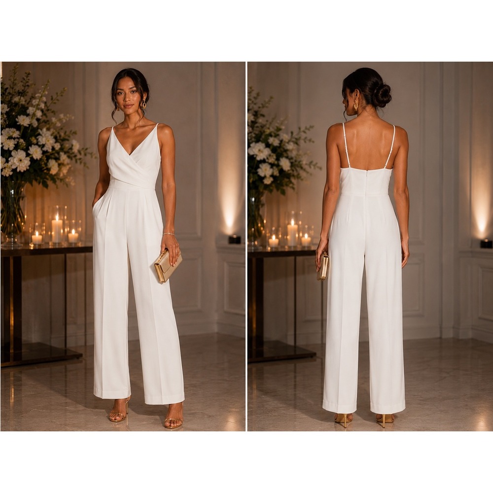 Halston Womens Ivory Amanda Sleeveless Wide Leg Jumpsuit Size 10 Formal Wedding